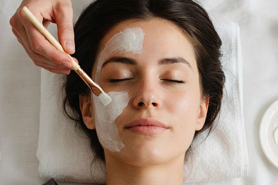 Une esthéticienne applique un masque blanc et apaisant à l'aide d'un pinceau sur le visage détendu d'une jeune femme.